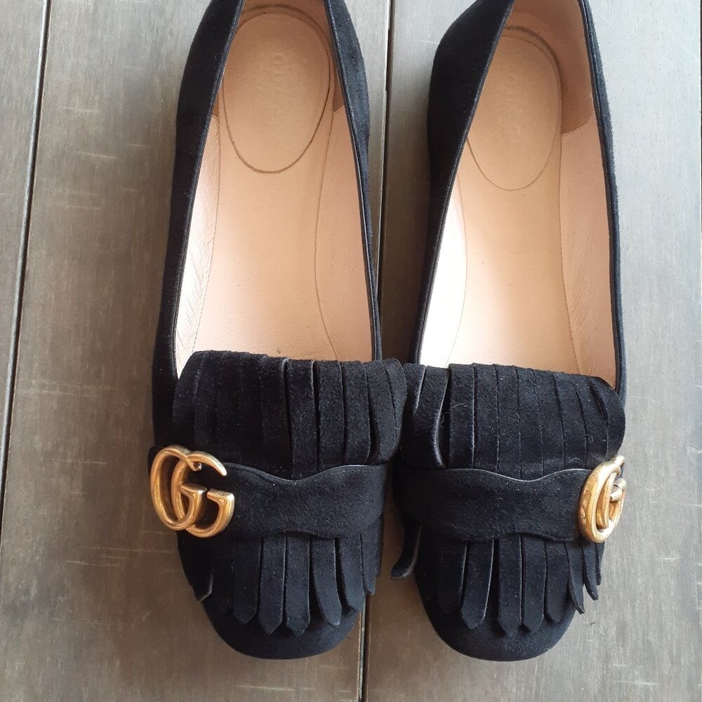 Gucci GG logo Marmont black suede kiltie loafers flats EUC 39 FIRM
